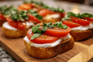 Fresh Mozzarella, Tomato, & Basil on Bruschetta
